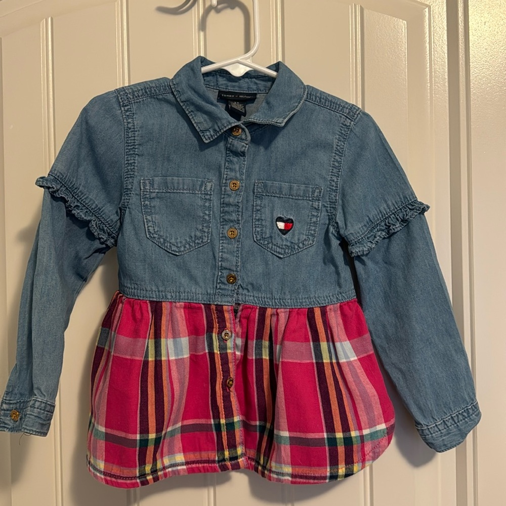 Tommy Hilfiger toddler dress denim button up with pink plaid skirt
